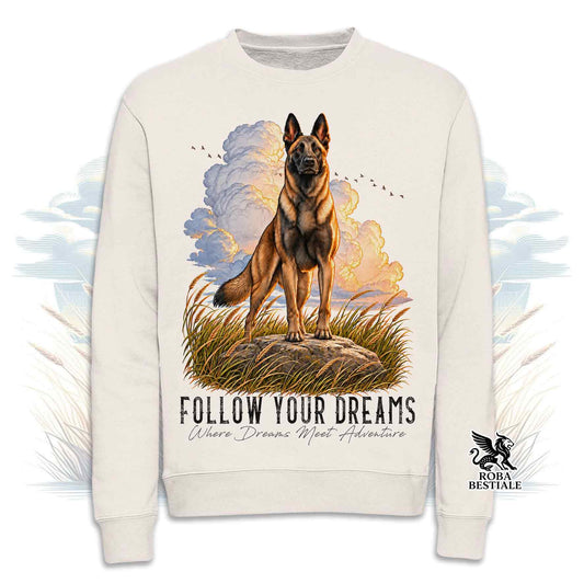 Sweat-shirt d'hiver CITATIONS "DREAM" - BERGER BELGE MALINOIS - Col rond, Unisexe - Off White, Blanc ou Gris - du XS au 3XL