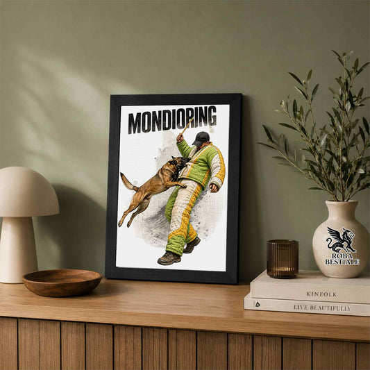 Stampa con cornice in legno con un Pastore Belga Malinois che pratica Mondioring. Grafica originale Roba Bestiale