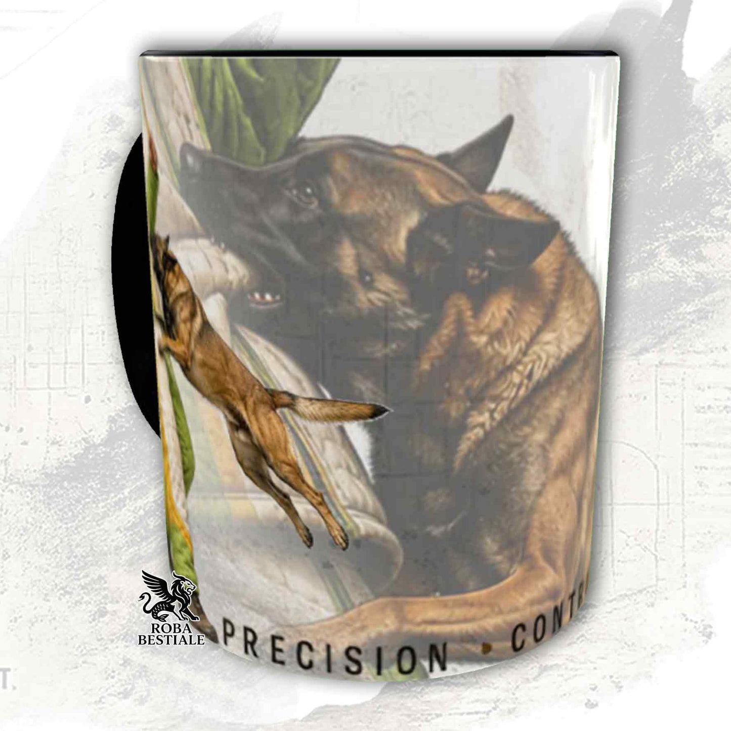 Tazza bianca con dettagli neri stampata una grafica originale di Roba Bestiale con un Pastore Belga Malinois che fa Mondioring