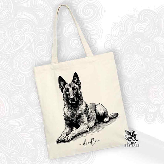 Tote bag beige stampata con un Pastore Belga Malinois, grafica Doodle