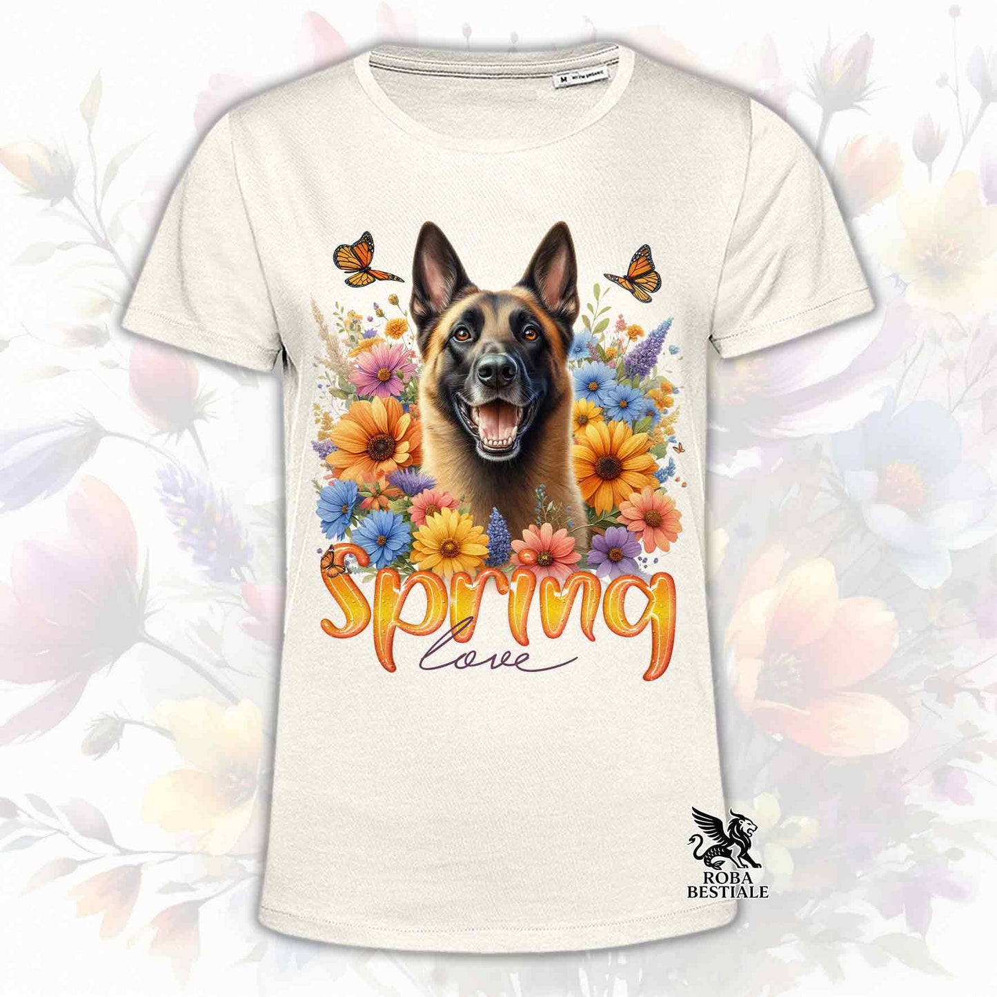 Una t-shirt beige stampata con un Pastore Belga Malinois immerso nei fiori colorati. Collezione Spring Love di Roba Bestiale
