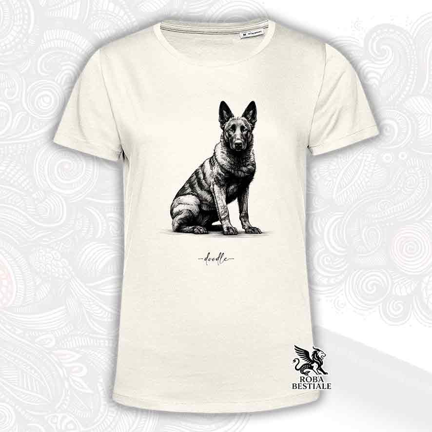 T-shirt beige stampata con un Pastore Olandese, grafica Doodle