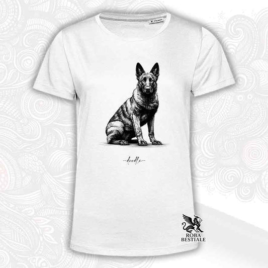 T-shirt bianca stampata con un Pastore Olandese, grafica Doodle