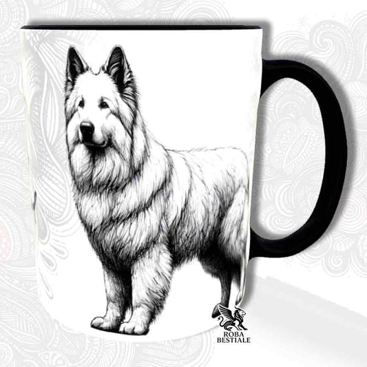 Tazza bianca con dettagli neri, stampata con un Pastore Svizzero Bianco, grafica Doodle