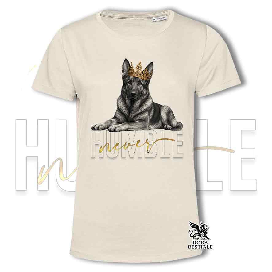 T-shirt stampata con un Pastore Tedesco da Lavoro "Grigione", colore beige con grafica Never Humble