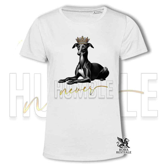 T-shirt stampata con un Piccolo Levriero Italiano nero, colore bianco con grafica Never Humble
