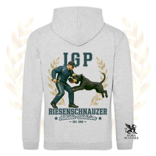 Una felpa con cappuccio e tasconi stampata con un Riesenschnauzer che fa IGP. Grafica originale Roba Bestiale