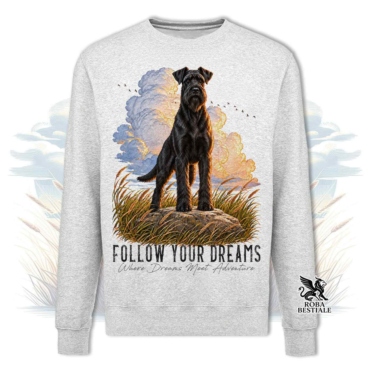 Felpa girocollo grigio melange con grafica cane nero e scritta “Follow Your Dreams”