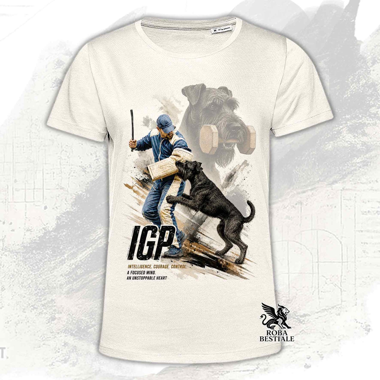 T-shirt beige stampata con uno Schnauzer Gigante in una grafica dedicata all'IGP, collezione Zero DIstance di Roba Bestiale