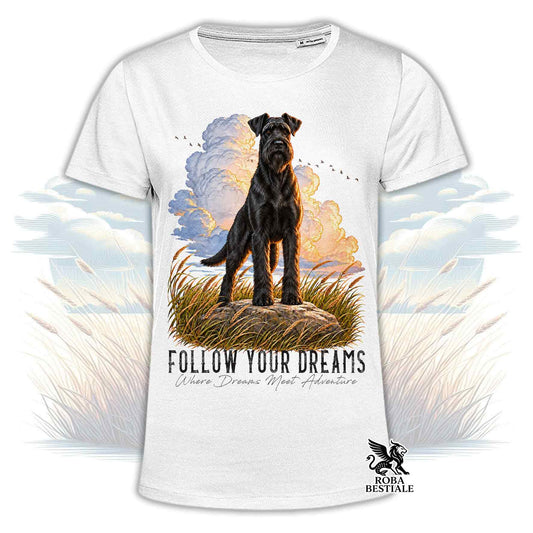 T-shirt bianca con cane nero, grafica cielo-arancio e logo Roba Bestiale