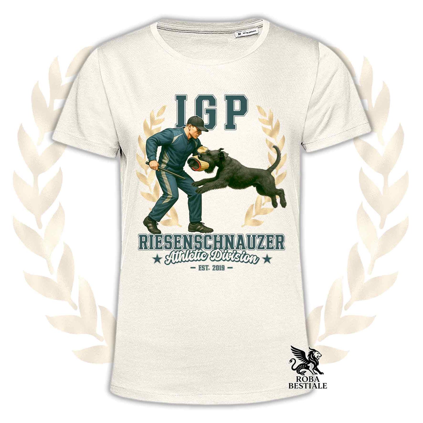 Una t-shirt stampata con un Riesenschnauzer che fa IGP. Grafica originale Roba Bestiale
