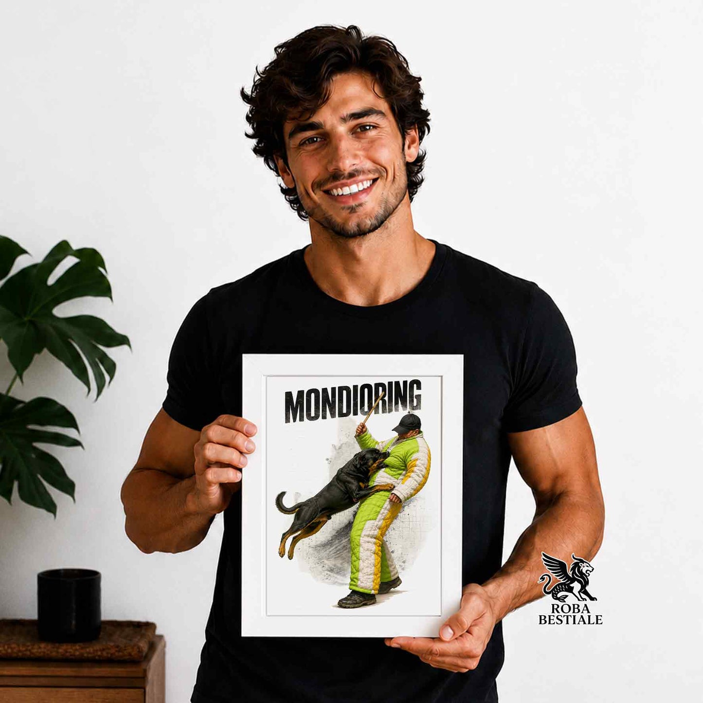 Stampa con cornice in legno con un Rottweiler che pratica Mondioring. Grafica originale Roba Bestiale