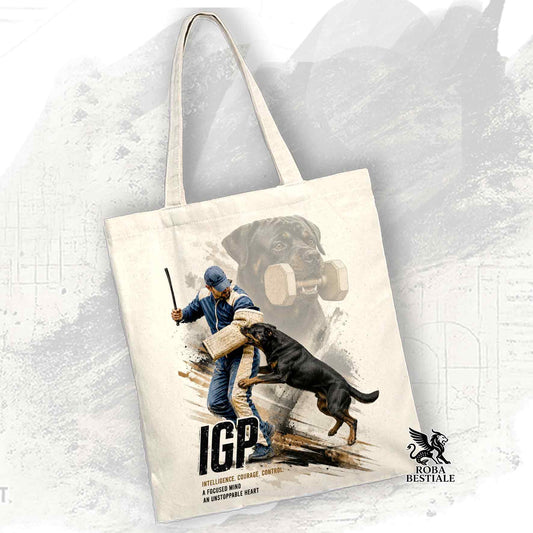Borsa Tote beige con stampata una grafica originale di Roba Bestiale con un Rottweiler che fa IGP
