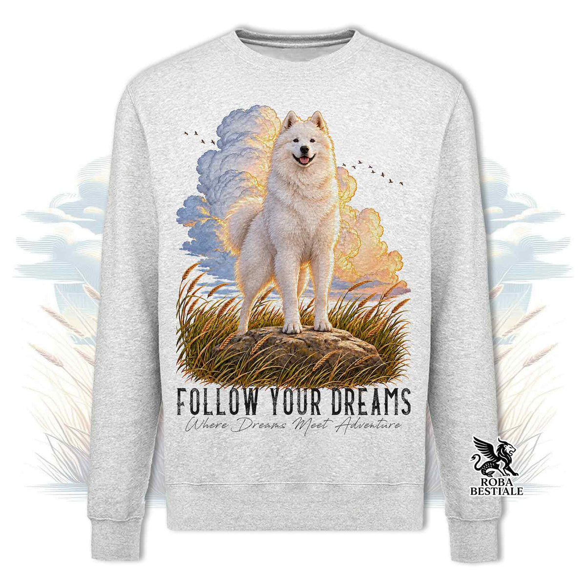 Felpa girocollo grigio melange con stampa cane e scritta «Follow Your Dreams»