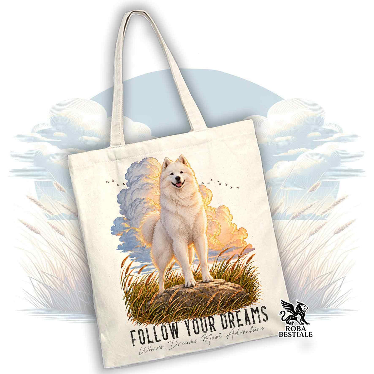 Shopper bianco con illustrazione cane su prato e logo ROBA Bestial.
