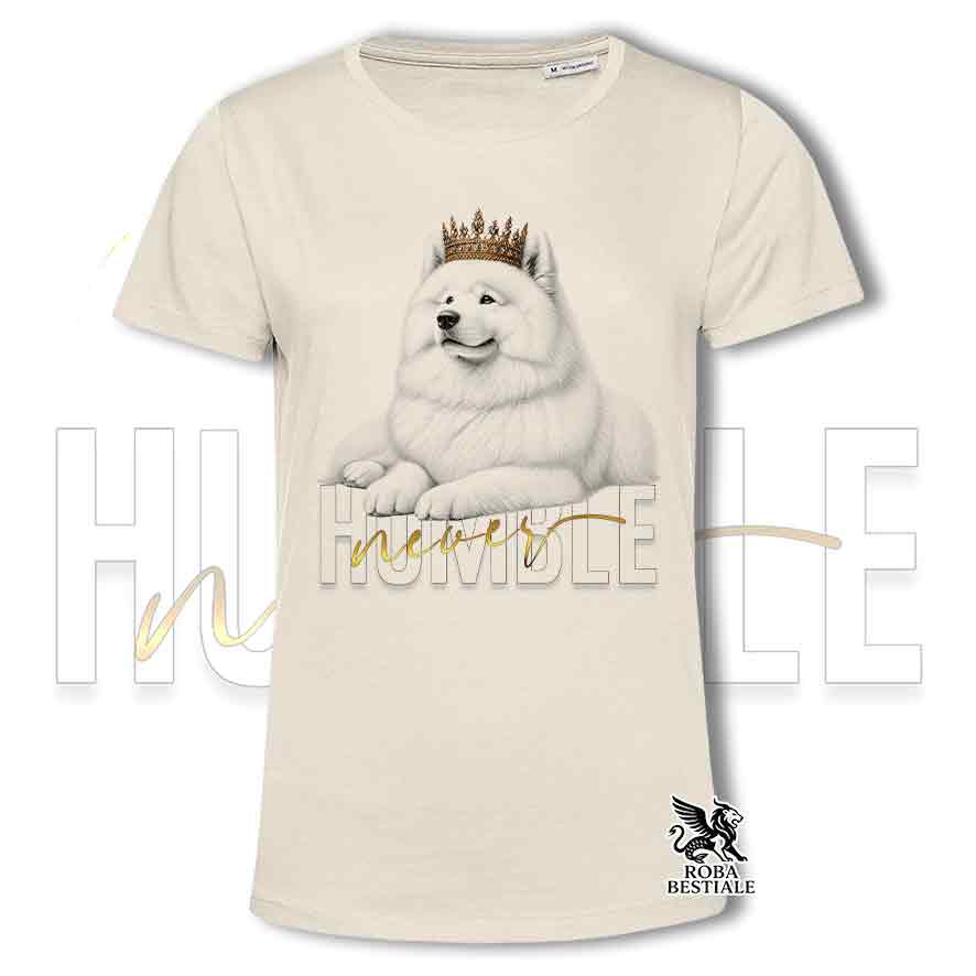 T-shirt stampata con un Samoiedo, colore beige con grafica Never Humble