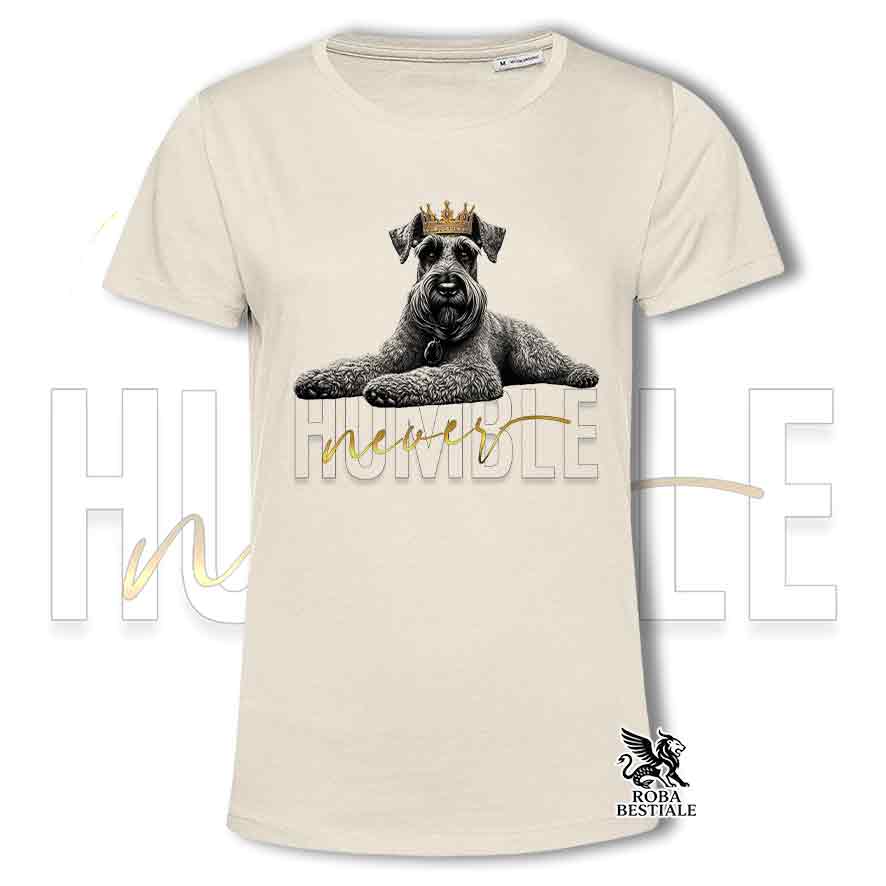T-shirt stampata con un Schnauzer Gigante, colore beige con grafica Never Humble