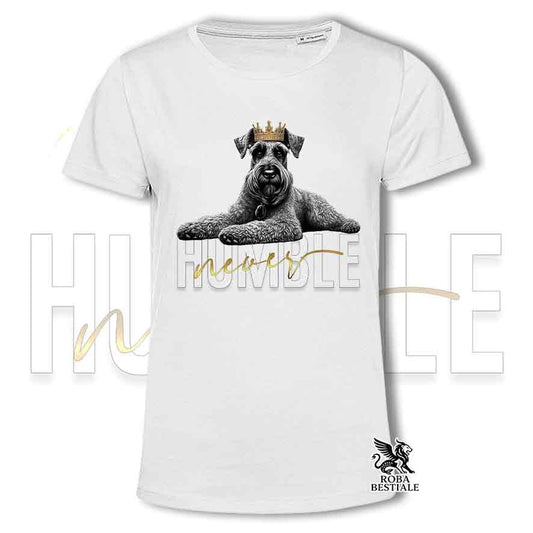 T-shirt stampata con un Schnauzer Gigante, colore bianco con grafica Never Humble