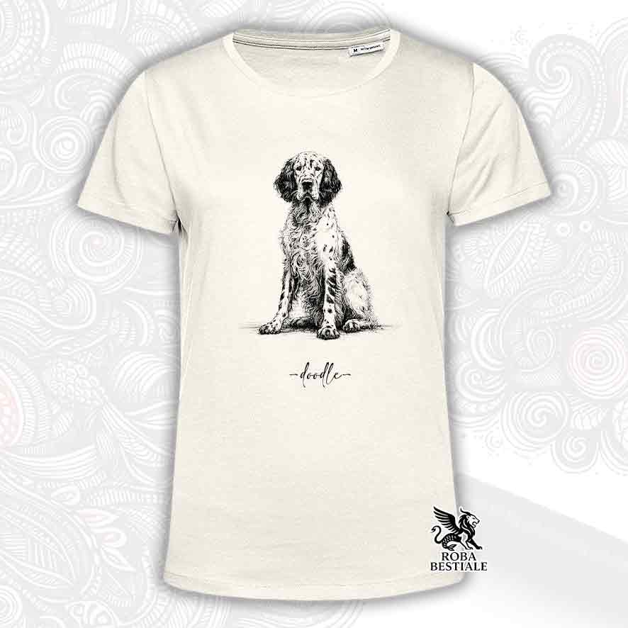 T-shirt beige stampata con un Setter Inglese, grafica Doodle