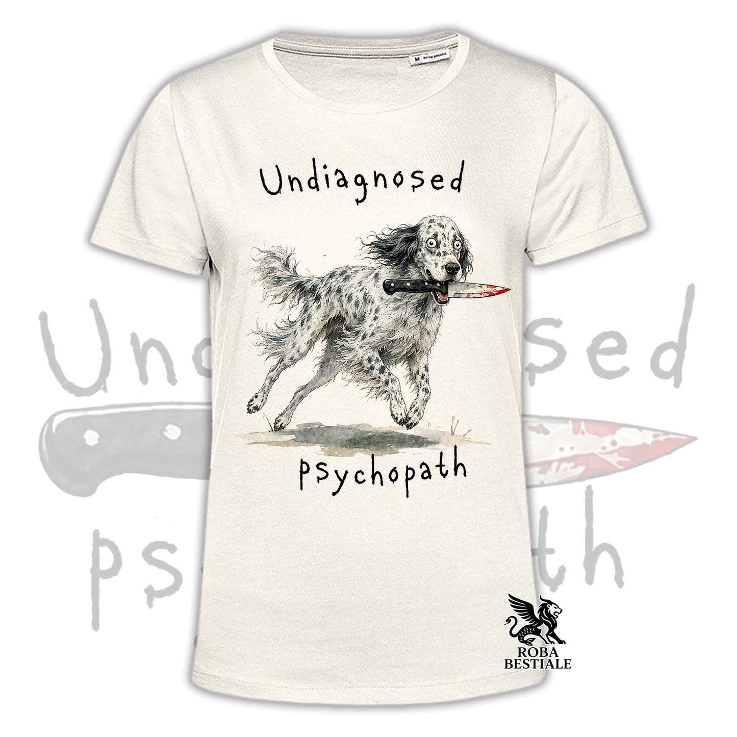 T-shirt beige stampata con un Setter Inglese che tiene un coltello tra i denti. Grafica originale Roba Bestiale, collezione Psychopath