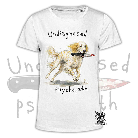 T-shirt bianca stampata con un Setter Inglese che tiene un coltello tra i denti. Grafica originale Roba Bestiale, collezione Psychopath