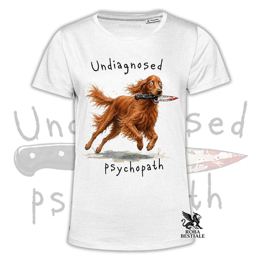 T-shirt bianca stampata con un Setter Irlandese che tiene un coltello tra i denti. Grafica originale Roba Bestiale, collezione Psychopath