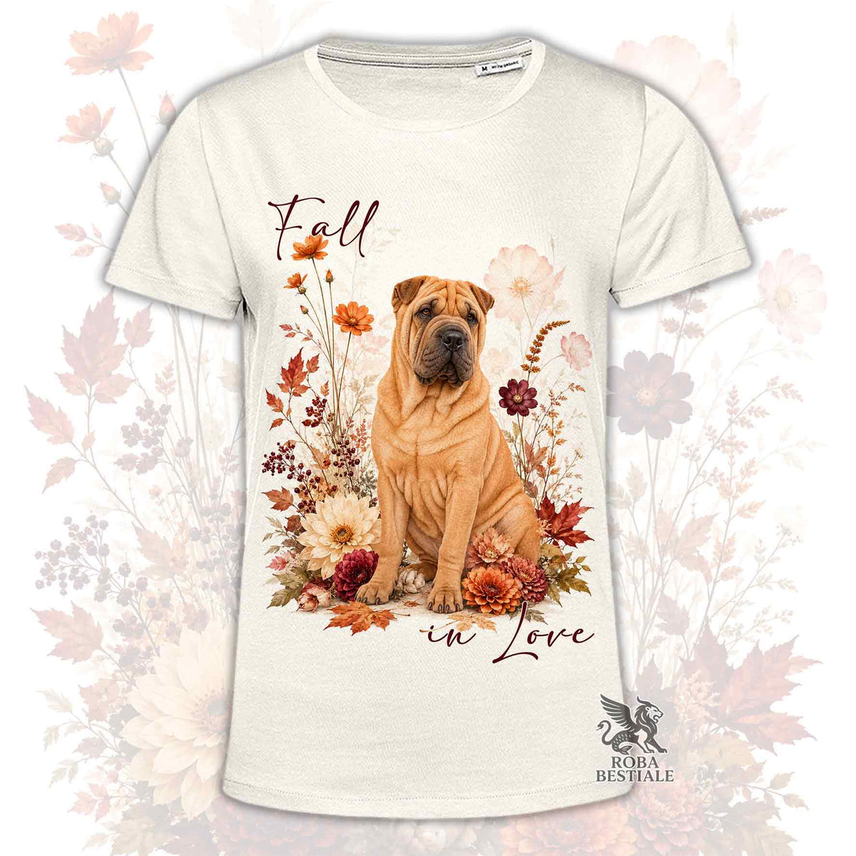 Maglietta bianca con cane Shar Pei fulvo al centro, fiori autunnali e scritta 'Fall'.