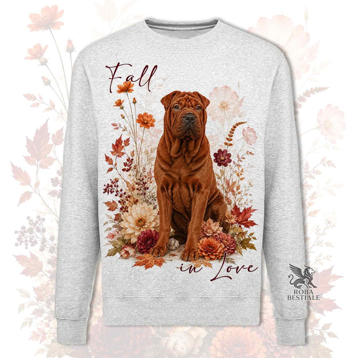 Felpa girocollo grigio chiaro con stampa cane SHAR PEI e fiori autunnali