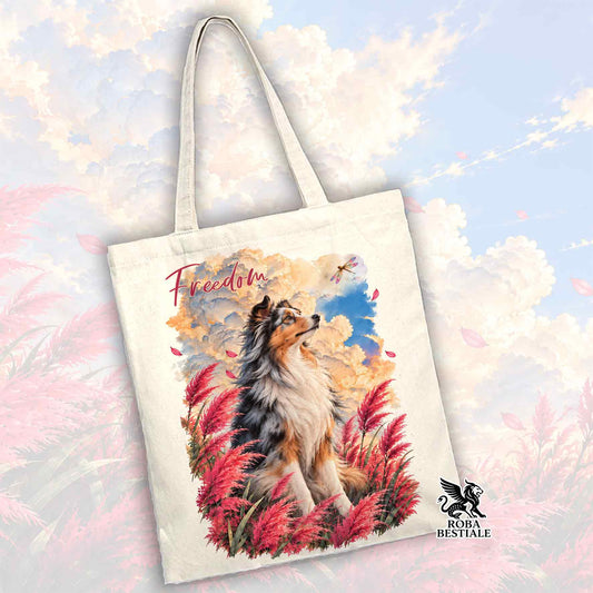 Tote bianca in tela con stampa cane multicolore e logo Róba Bestiale