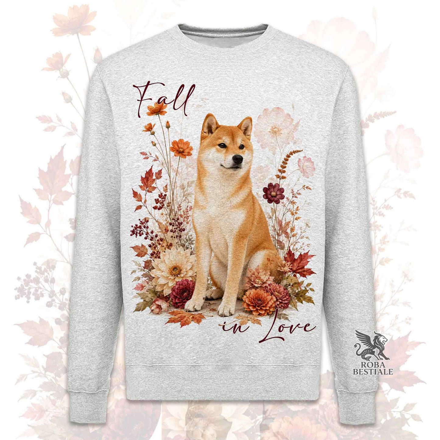 Felpa girocollo grigia stampata con uno Shiba Inu seduto in mezzo a fiori e foglie autunnali. Grafica originale Roba Bestiale, collezione Fall in Love