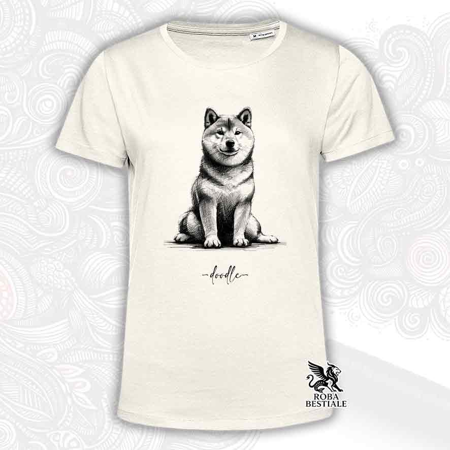 T-shirt beige stampata con uno Shiba Inu, grafica Doodle