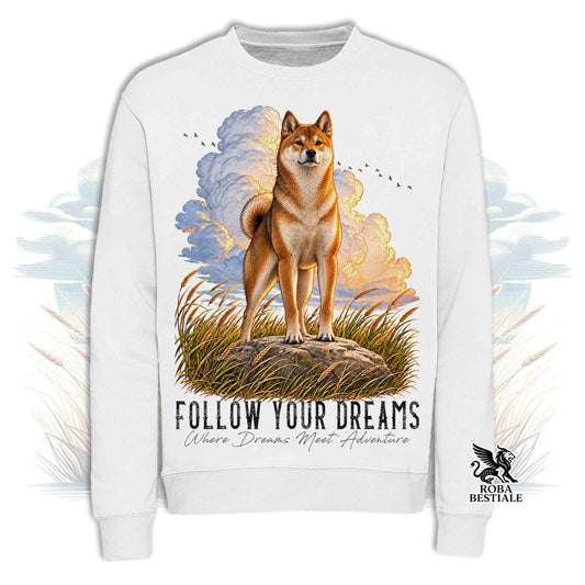 Felpa girocollo chiara con stampa cane Shiba e scritta Follow Your Dreams