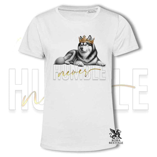 T-shirt bianca stampata con un Siberian Husky, grafica Never Humble