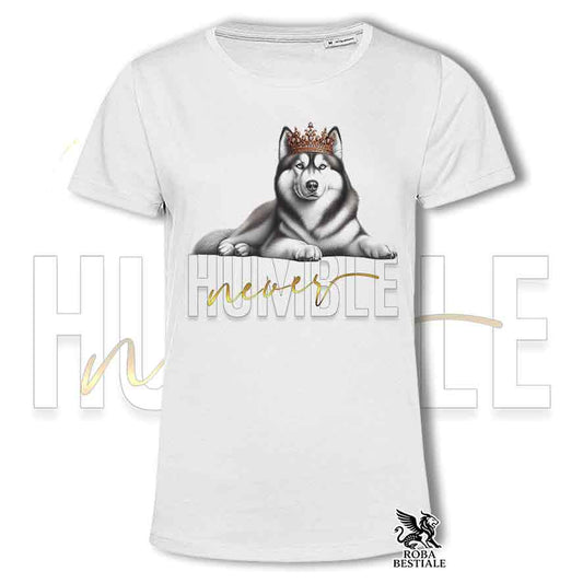T-shirt bianca stampata con un Siberian Husky, grafica Never Humble