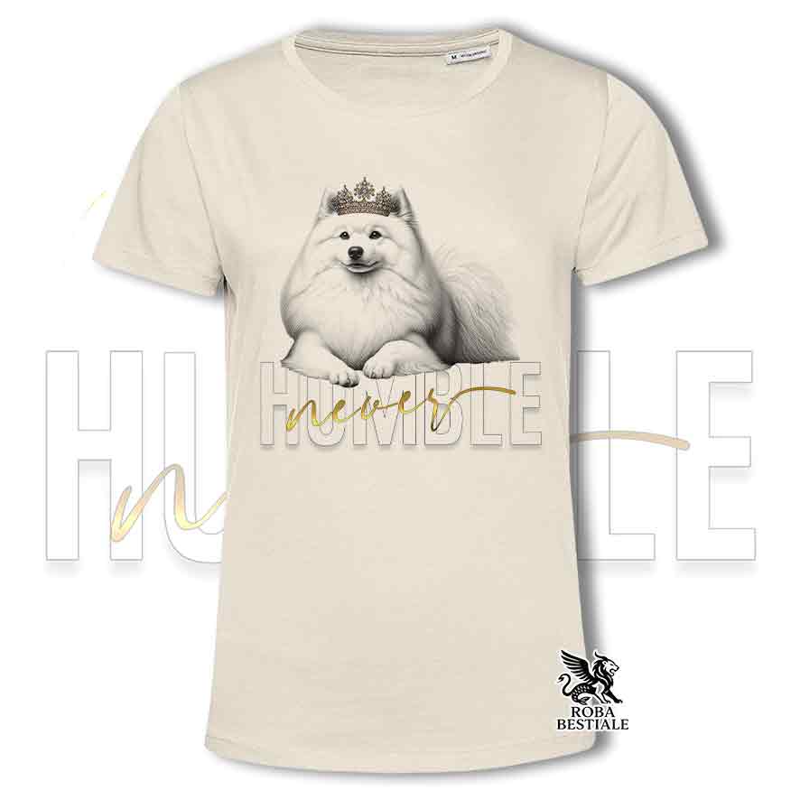 T-shirt bianca stampata con uno Spitz Giapponese, grafica Never Humble