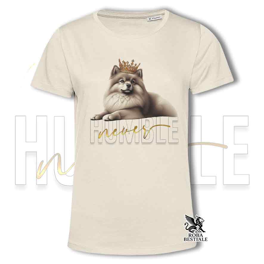 T-shirt beige stampata con uno Spitz Tedesco, grafica Never Humble