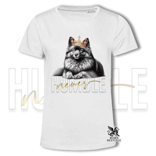 T-shirt bianca stampata con uno Spitz Tedesco, grafica Never Humble