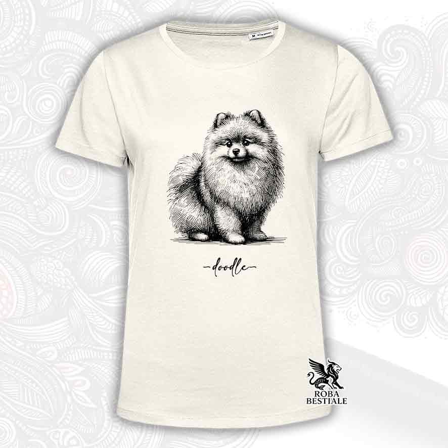 T-shirt beige stampata con uno Spitz Tedesco nano Pomerania, grafica Doodle
