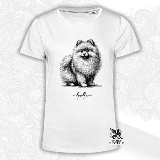 T-shirt bianca stampata con uno Spitz Tedesco nano Pomerania, grafica Doodle