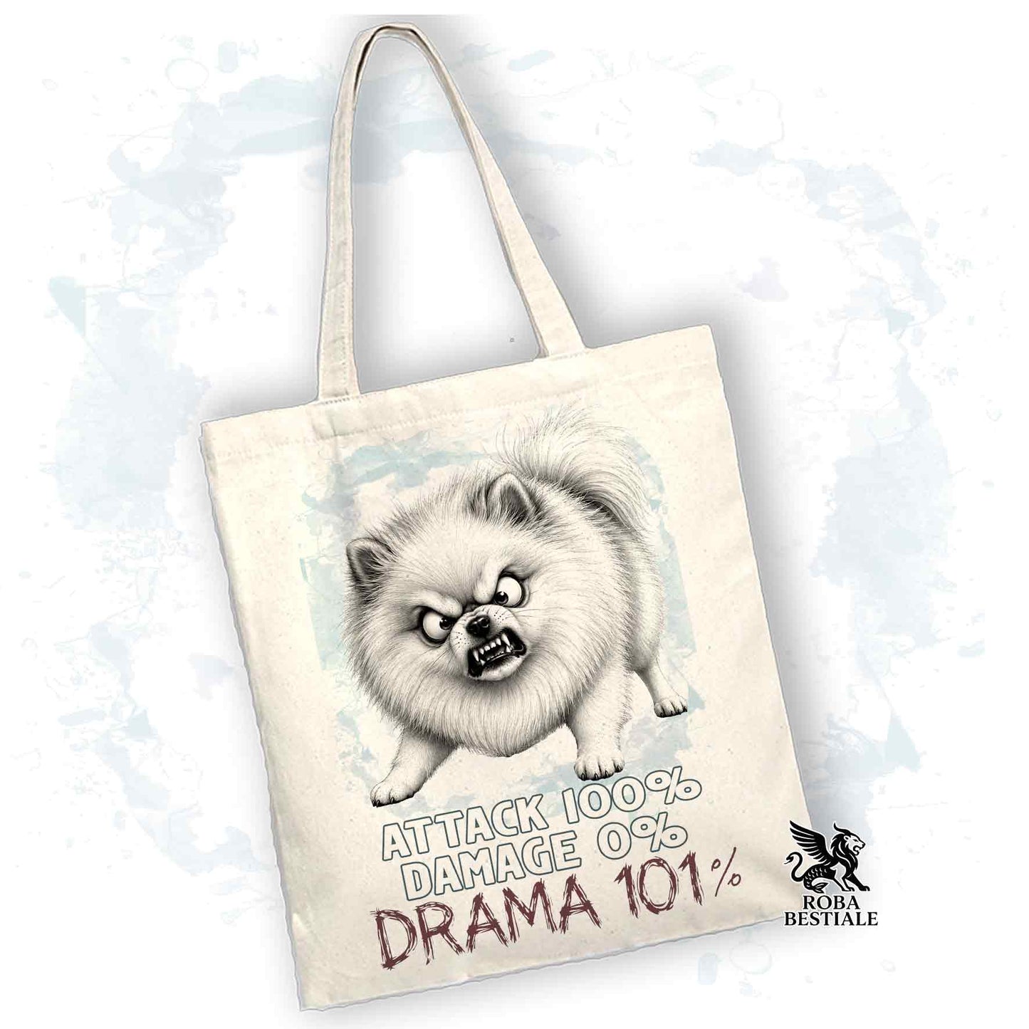 Borsa Tote beige con stampata un Pomerania, grafica Drama 101 originale di Roba Bestiale