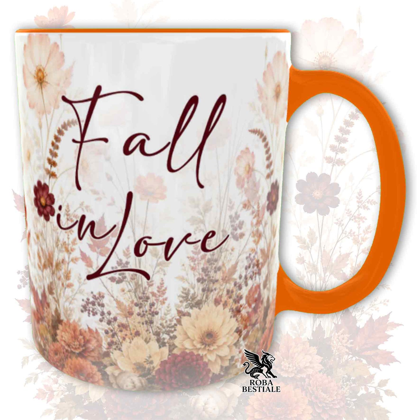 Tazza con la stampa di un Australian Kelpie seduto in mezzo a fiori e foglie autunnali. Grafica originale Roba Bestiale, collezione Fall in Love