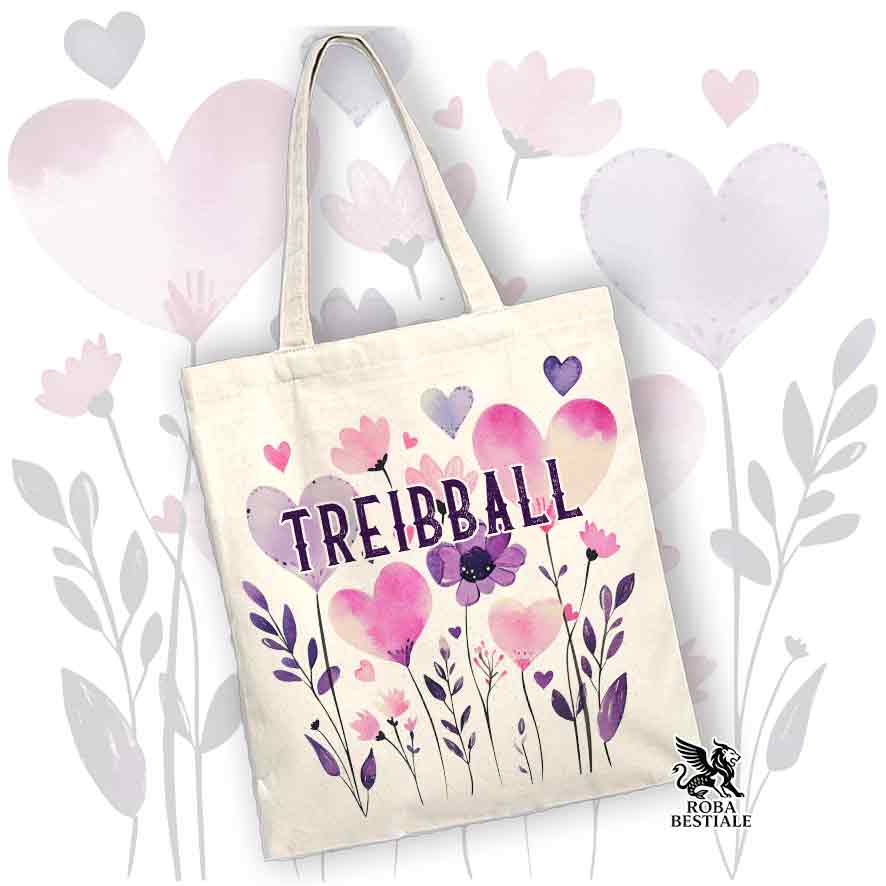 Borsa shopper beige stampata con una grafica dedicata al Treibball, collezione Candy