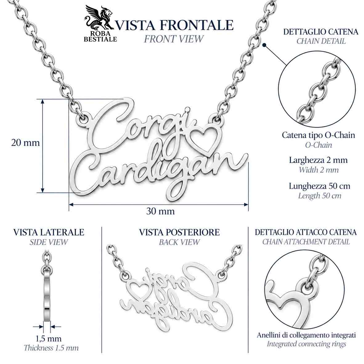 Collier KIRA PET JEWELRY - CORGI CARDIGAN - En acier inoxydable avec chaîne à mailles fines