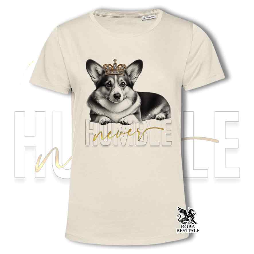 T-shirt beige stampata con un Welsh Corgi Cardigan, grafica Never Humble