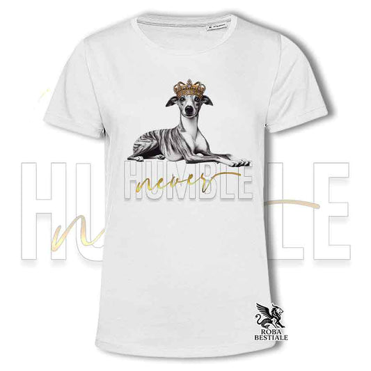 T-shirt bianca stampata con un Whippet, grafica Never Humble