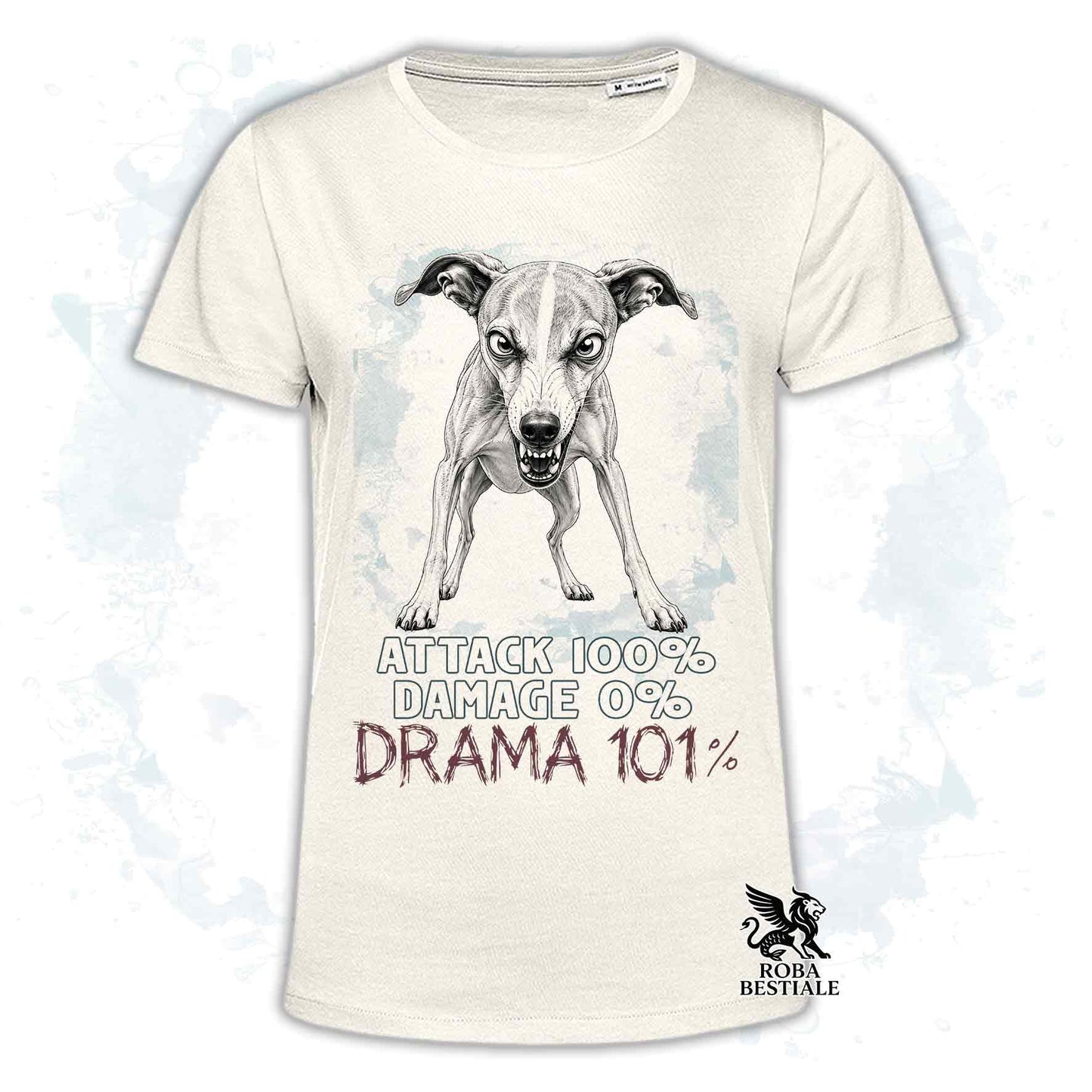 Maglietta beige stampata con un Whippet, collezione originale Drama 101 di Roba Bestiale