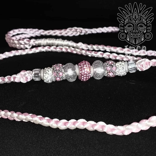 Guinzaglio da Show INCA LUXURY - In Raso Bianco e Rosa, con perle e asola per collare - 1 mt