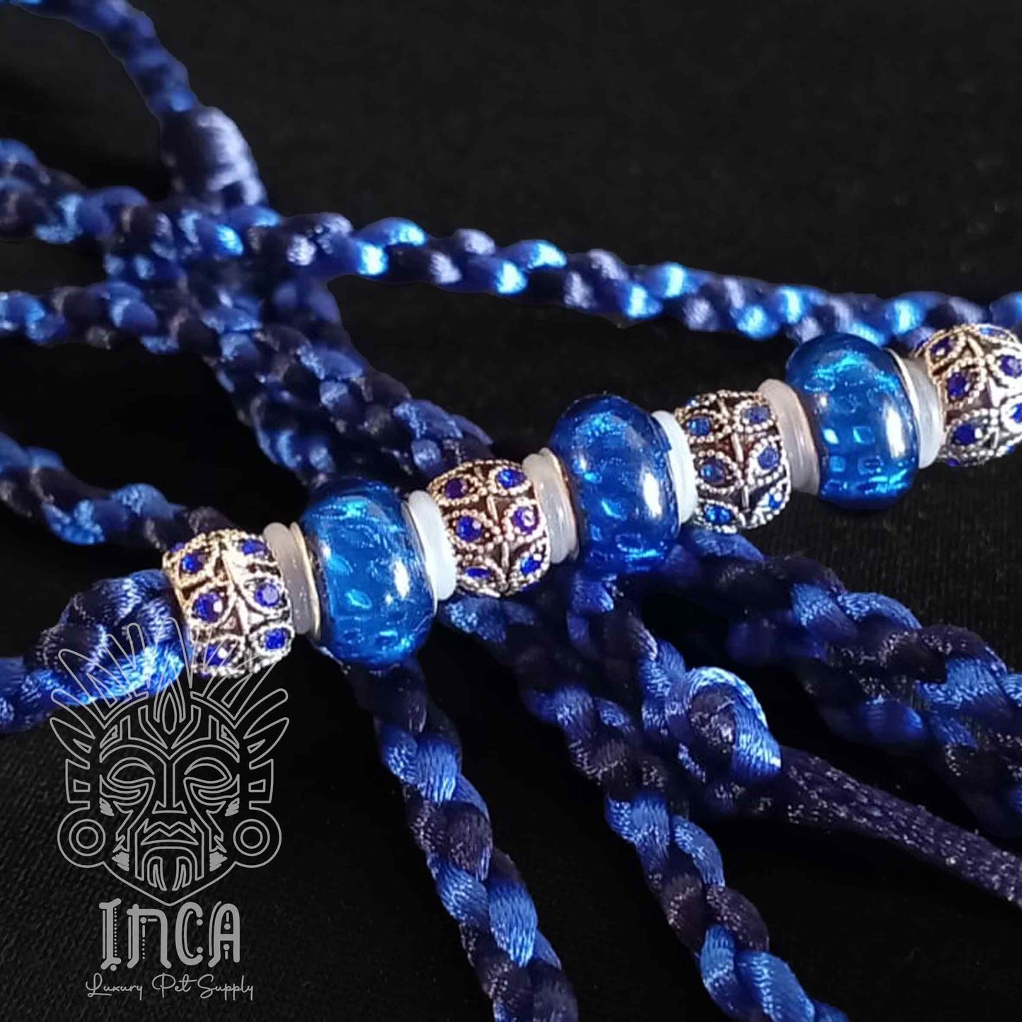 Guinzaglio da Show INCA LUXURY - In Raso Blue Royal e Blue Navy, con perle e asola per collare - 120 cm