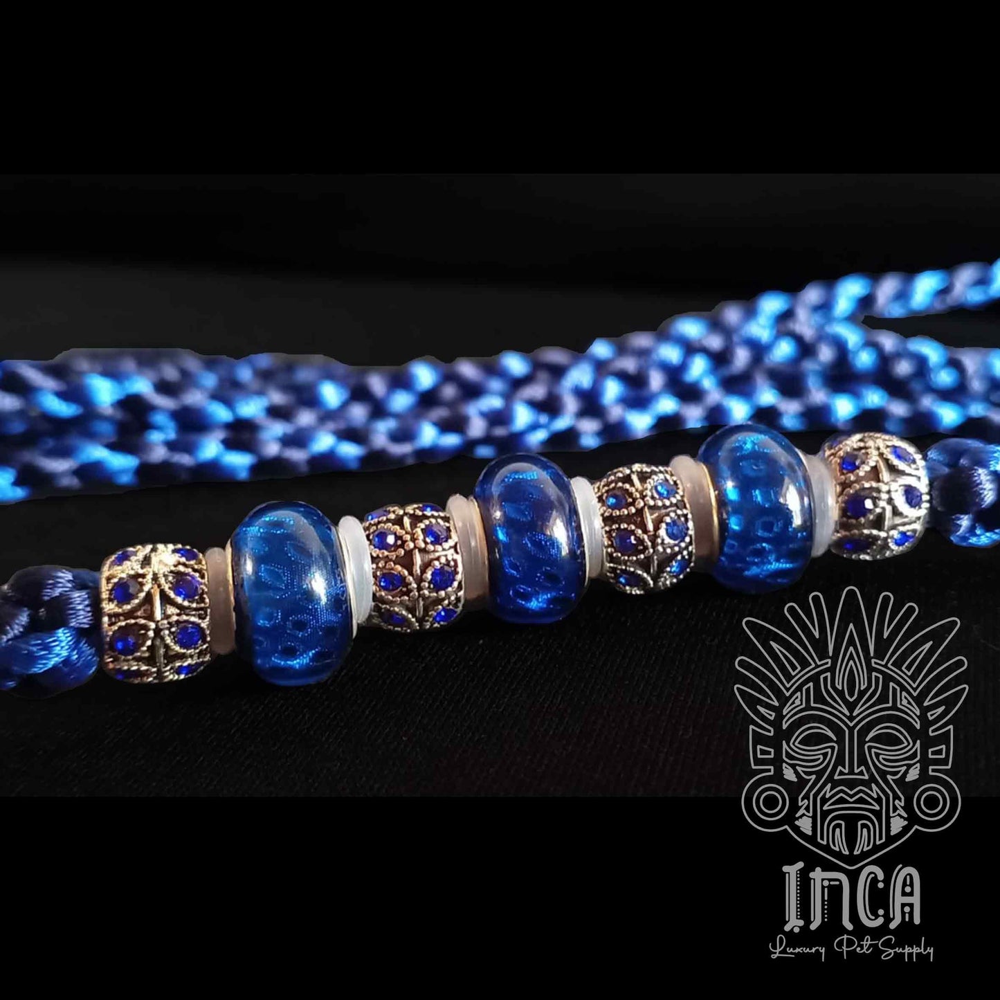 Guinzaglio da Show INCA LUXURY - In Raso Blue Royal e Blue Navy, con perle e asola per collare - 120 cm