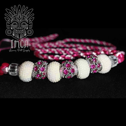 Guinzaglio da Show INCA LUXURY - In Raso Bianco e Magenta, con perle e asola per collare - 130 cm